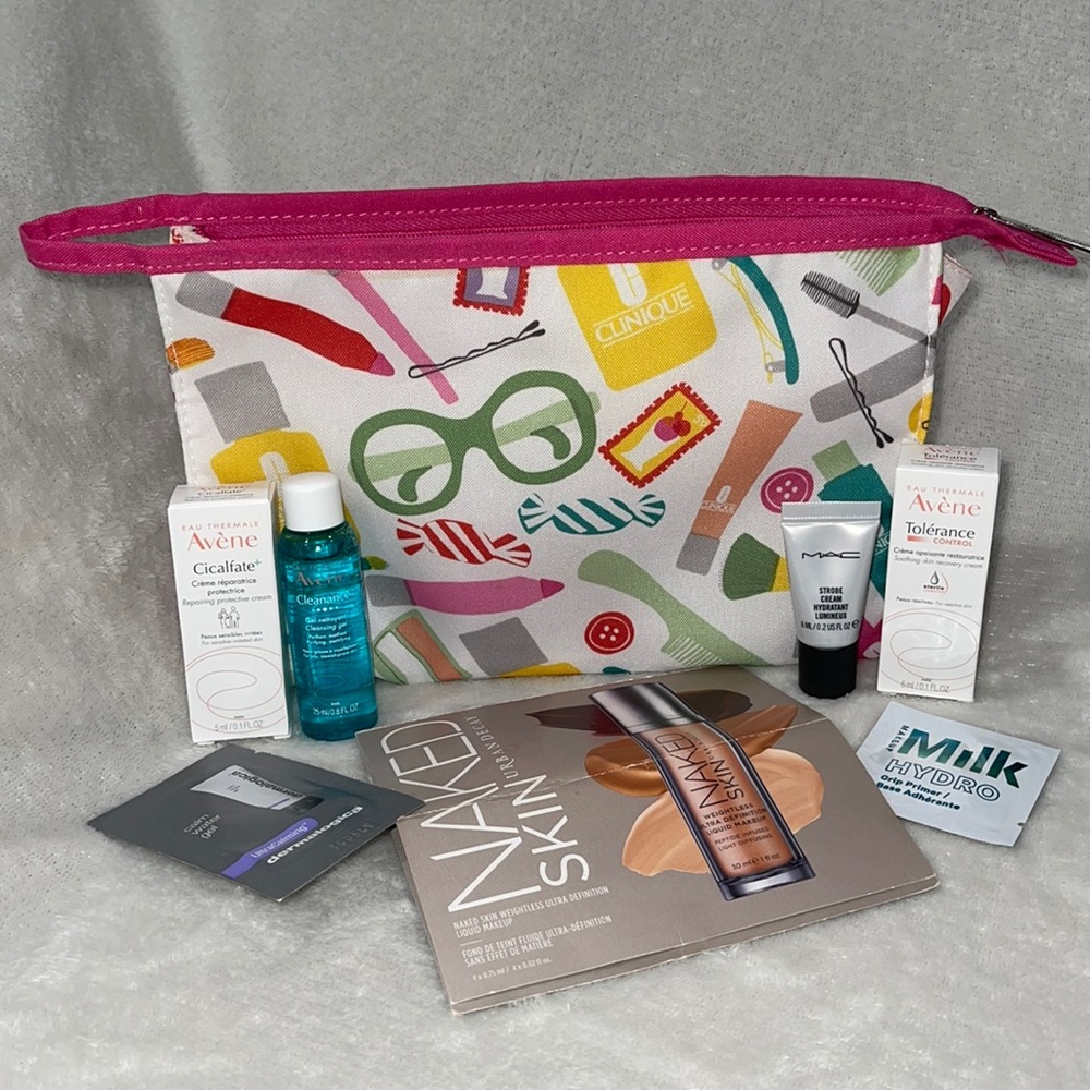 Clinique Cosmetic bag with Unopened samples! primer,Avene, UD, dermalogica, Mac